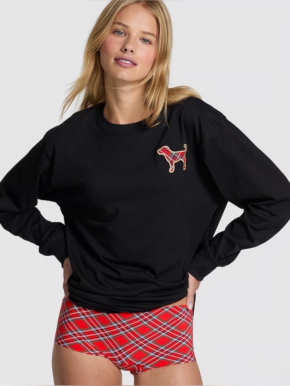 NWT PINK Victoria'Small Secret Plaid Dog Long Sleeve Tee Black & Red Small